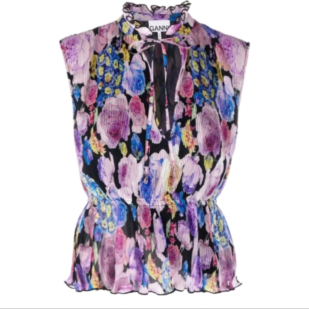 NWT! GANNI Pleated Georgette Floral Blouse
